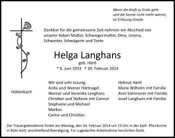Traueranzeige von Helga Langhans von Pegnitz-Zeitung
